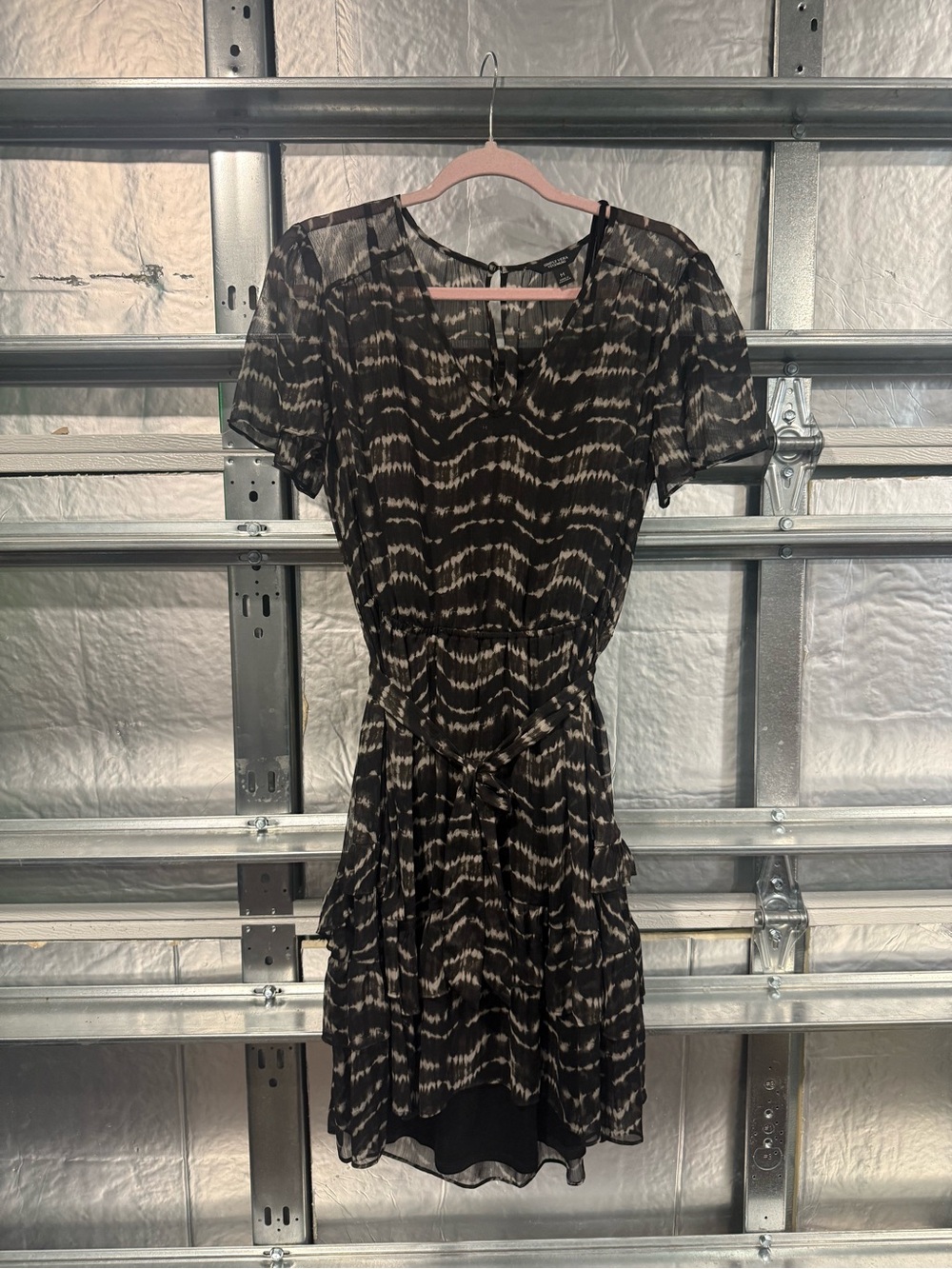 Simply Vera Vera Wang Black and Cream Sheer Short-Sleeve Tie-Waist Dress